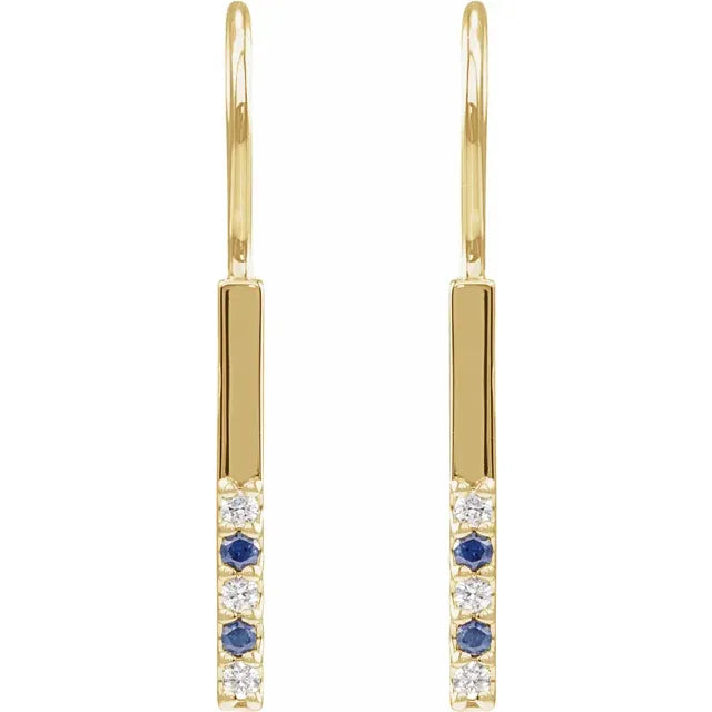 14K Yellow Natural Blue Sapphire & .08 CTW Natural Diamond Bar Earrings