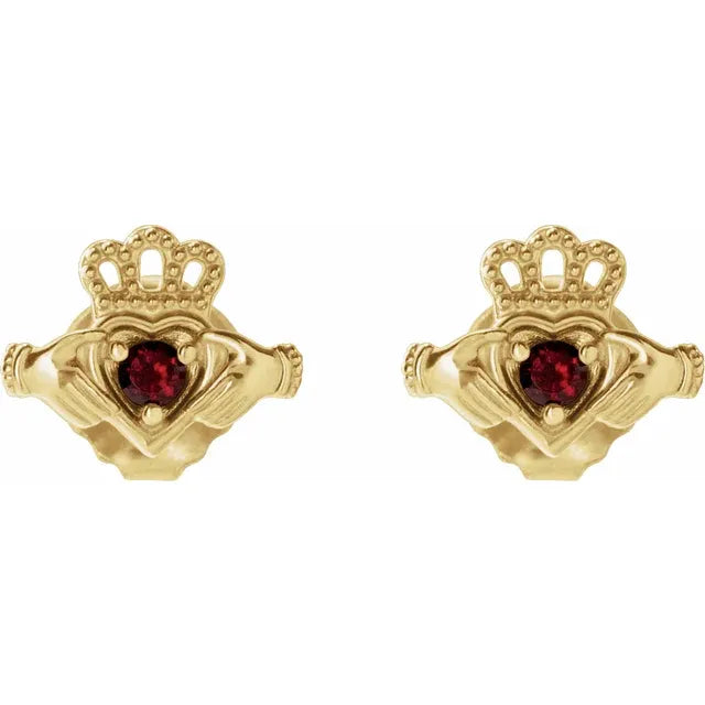 14K Yellow Natural Mozambique Garnet Claddagh Earrings