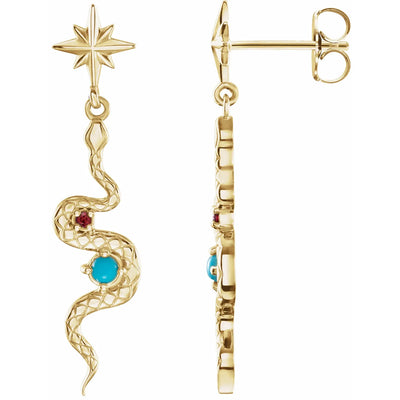 14K Yellow Natural Turquoise & Natural Ruby Snake Earrings