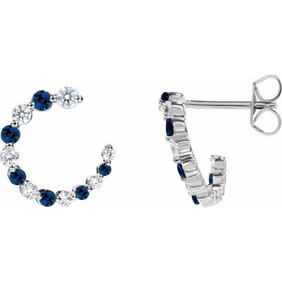 14K White Natural Blue Sapphire & 1/3 CTW Natural Diamond Hoop Earrings