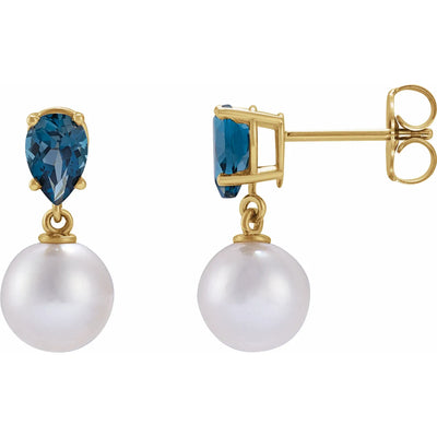 14K Yellow Cultured White Akoya Pearl & Natural London Blue Topaz Earrings