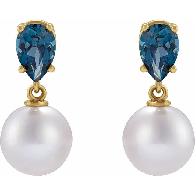 14K Yellow Cultured White Akoya Pearl & Natural London Blue Topaz Earrings