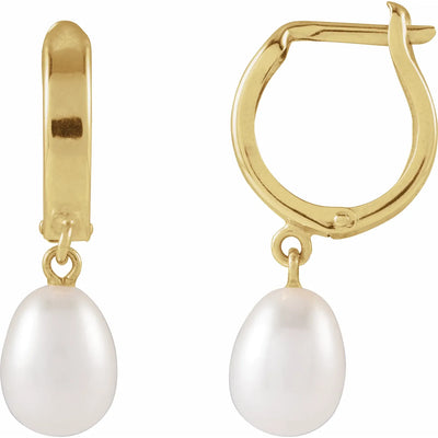 14K Yellow Cultured White Freshwater Pearl Hoop Earrings