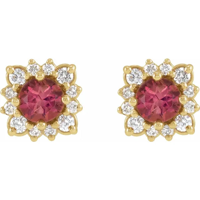 14K Yellow Natural Pink Tourmaline & 1/5 CTW Natural Diamond Halo-Style Earrings