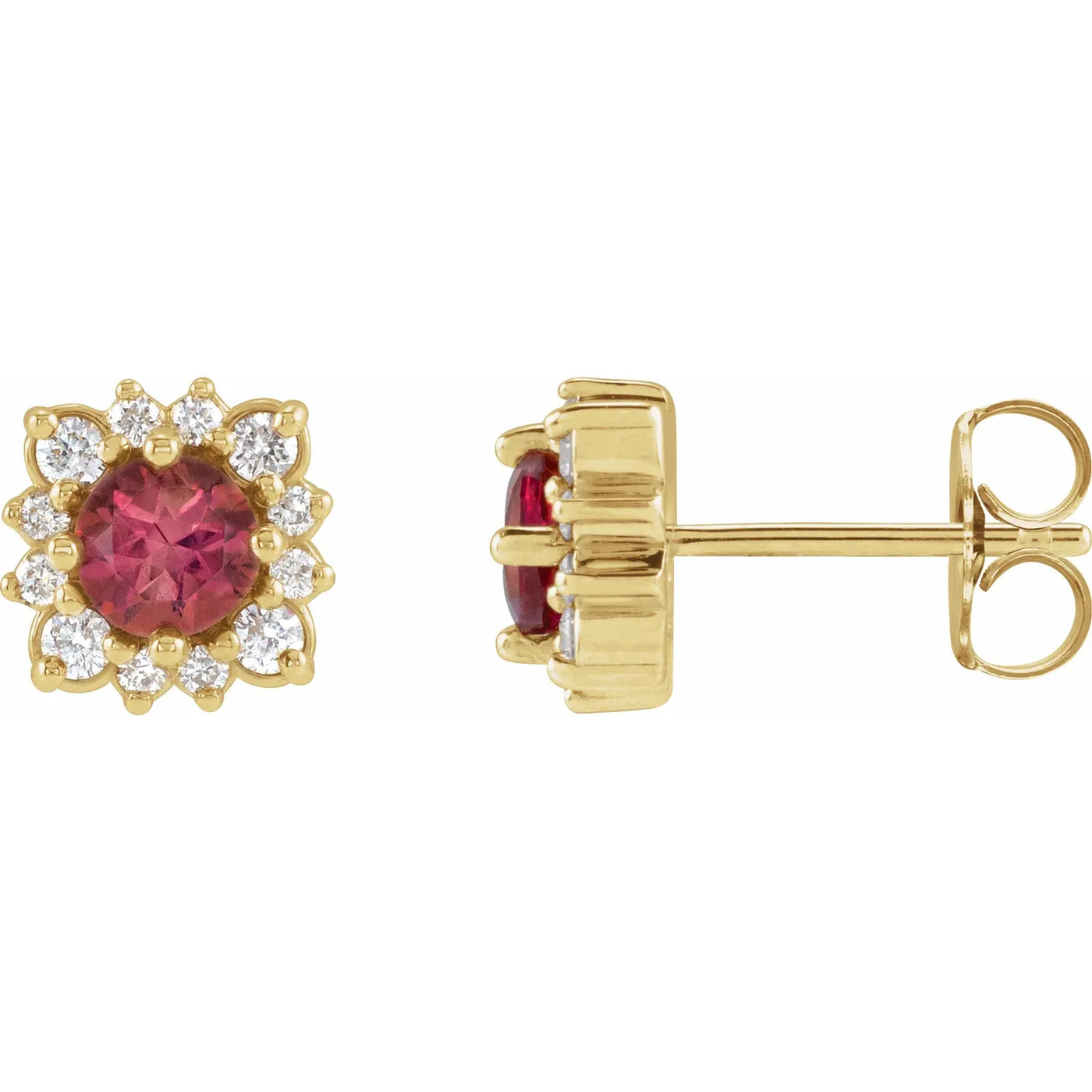 14K Yellow Natural Pink Tourmaline & 1/5 CTW Natural Diamond Halo-Style Earrings