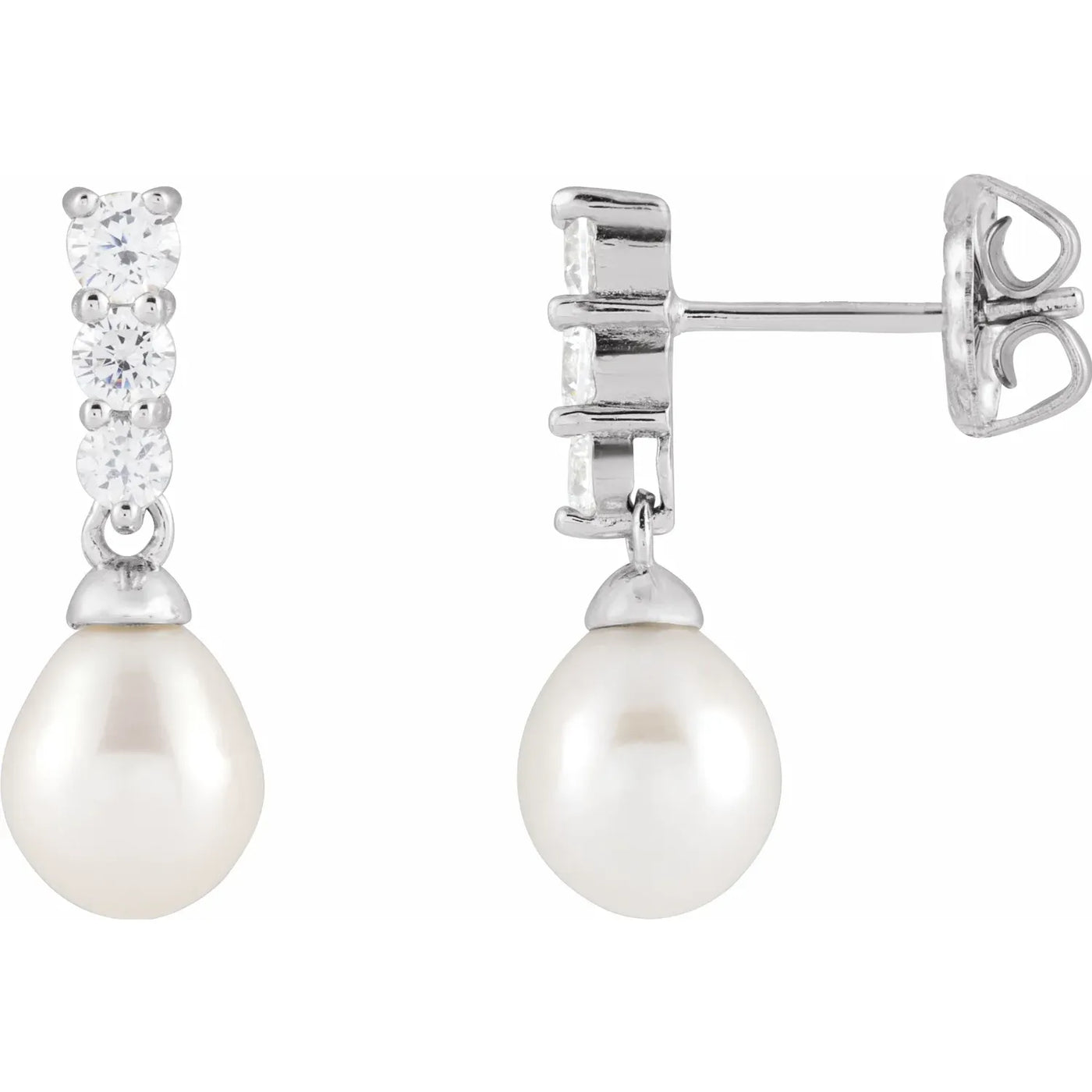 Rhodium-Plated Sterling Silver Cultured White Freshwater Pearl & Imitation White Cubic Zirconia Earrings