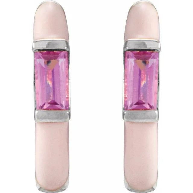 14K White Natural Pink Tourmaline & Pink Enamel Hinged 11 mm Hoop Earrings