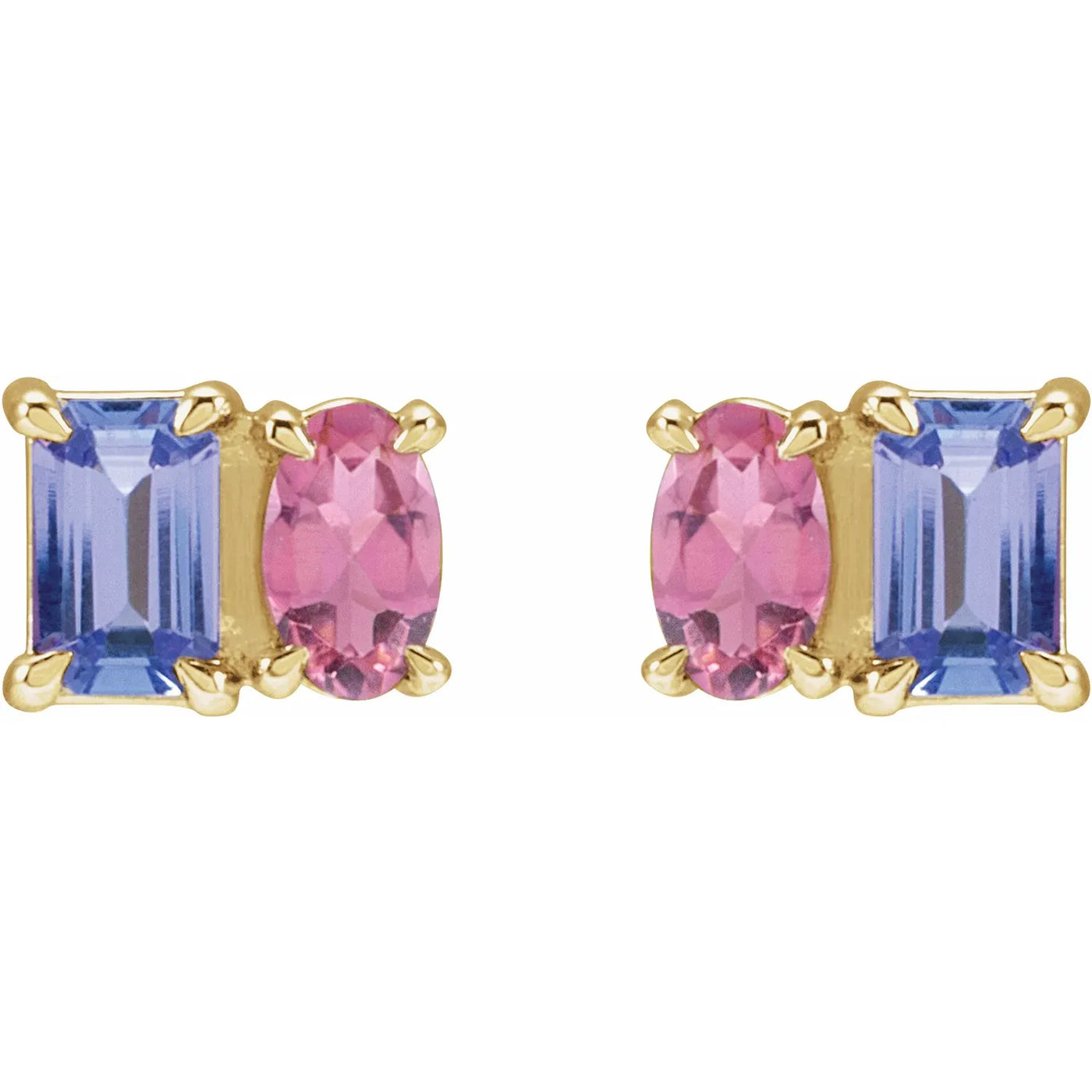 14K Yellow Natural Tanzanite & Natural Pink Tourmaline Two-Stone Stud Earrings