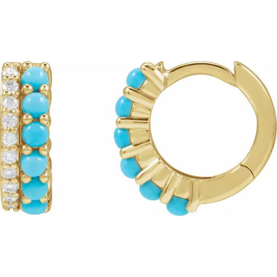 14K Yellow Natural Turquoise & 1/8 CTW Natural Diamond Huggie Hoop Earrings