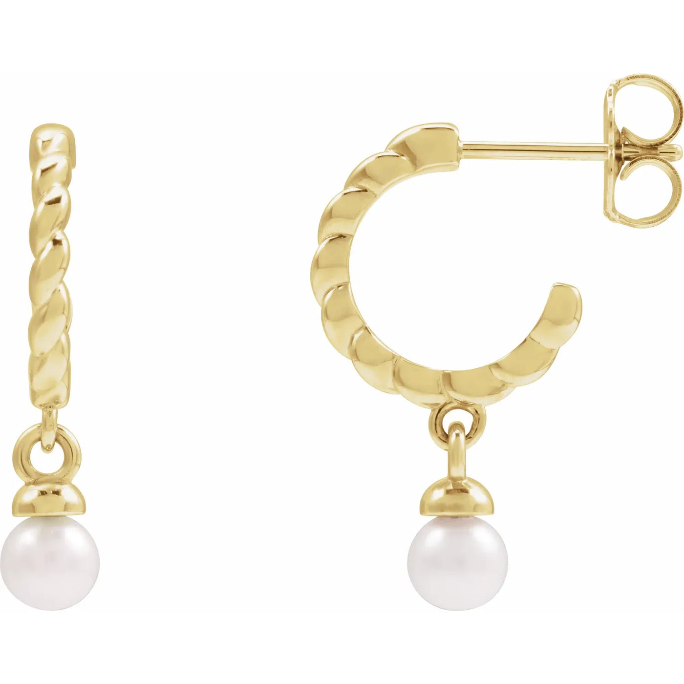 14K Yellow Cultured White Freshwater Pearl Rope Hoop Earrings