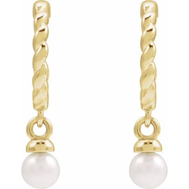 14K Yellow Cultured White Freshwater Pearl Rope Hoop Earrings