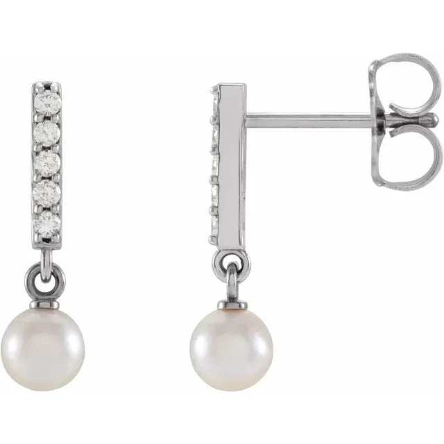 14K White Cultured Akoya Pearl & .03 CTW Natural Diamond Bar Earrings