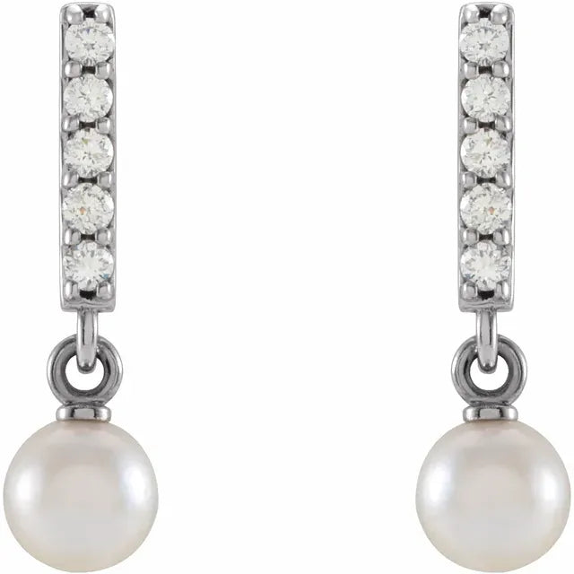 14K White Cultured Akoya Pearl & .03 CTW Natural Diamond Bar Earrings