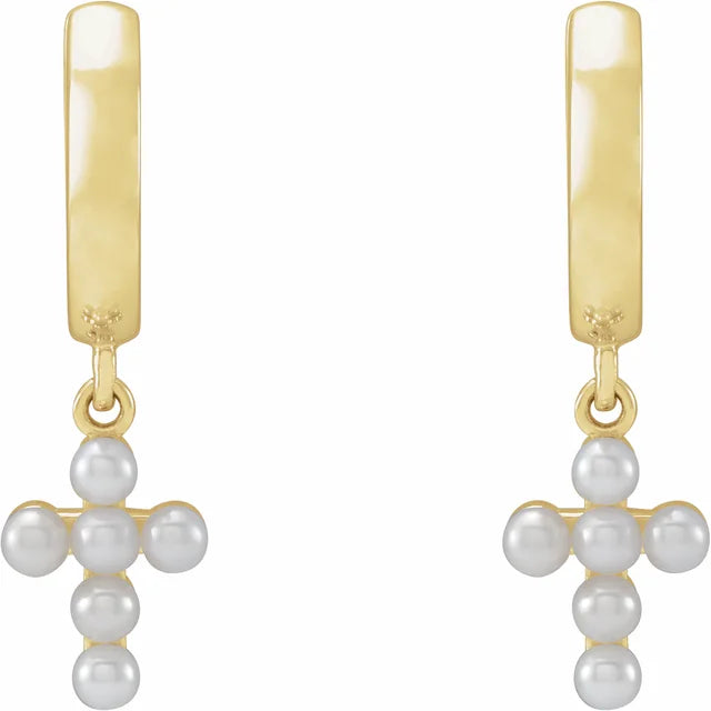 14K Yellow Cultured White Seed Pearl Cross Hoop Earrings