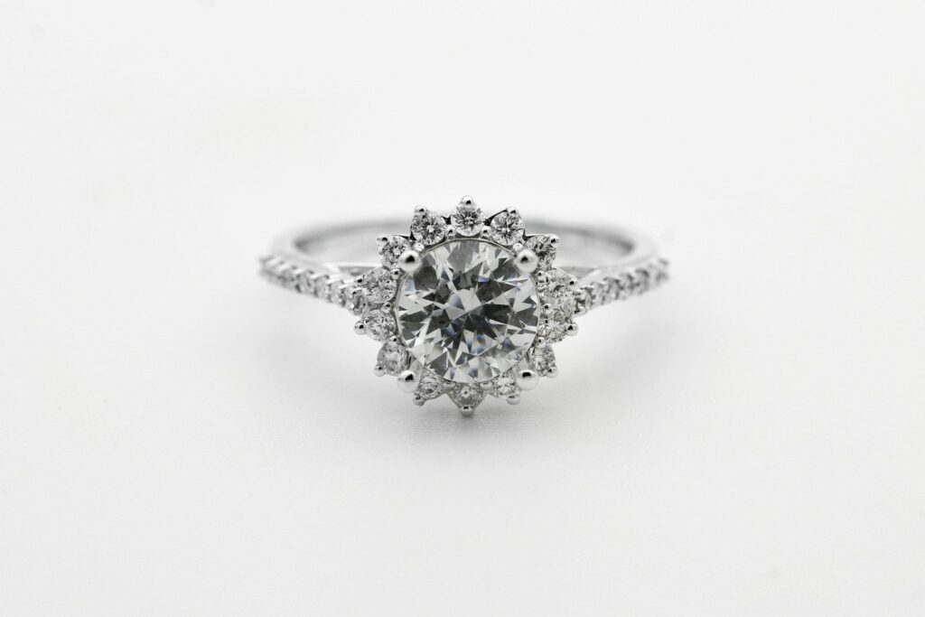 A diamond ring held by prongs
