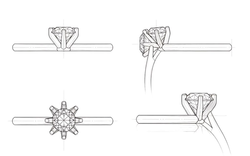 Technical design drawing of a diamond engagement ring