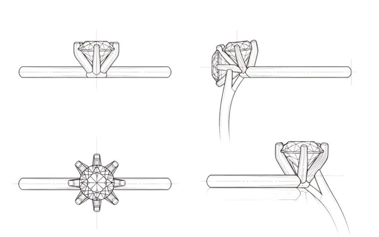Technical design drawing of a diamond engagement ring