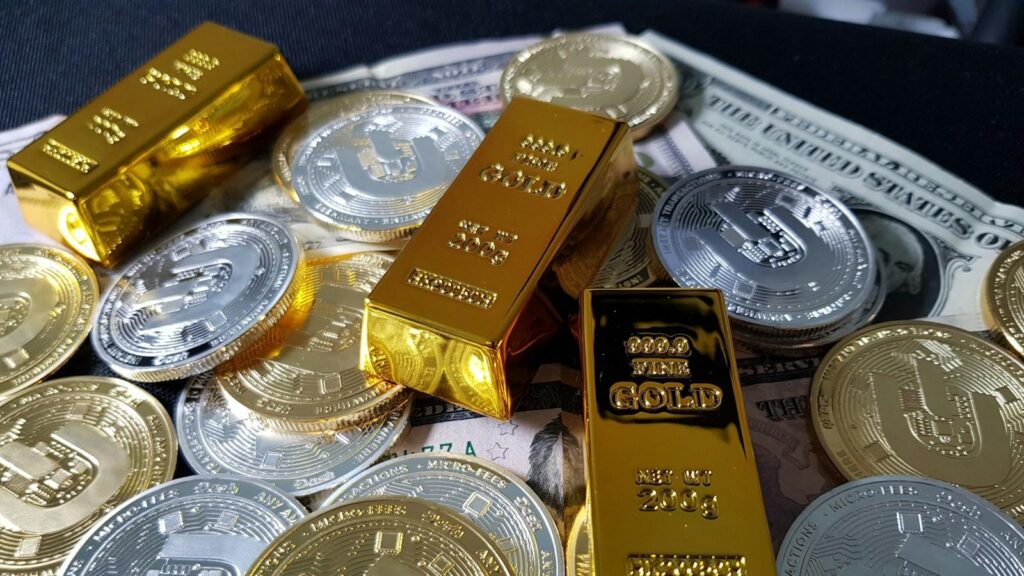 Gold and silver bars and coins