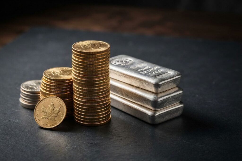 Stacks of Gold Maple Leaf coins next to silver bullion bars