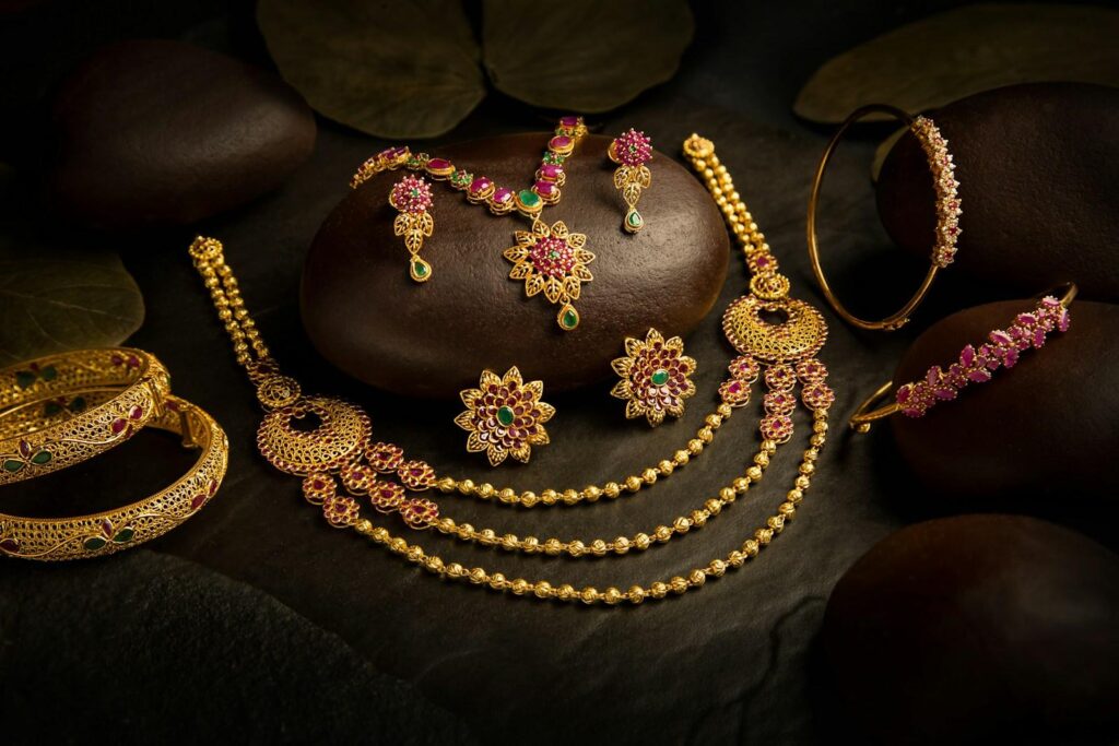 Gold necklace, earrings and bangles