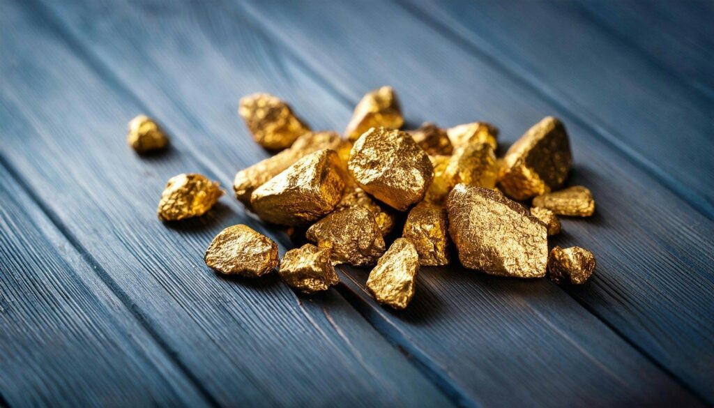 Raw gold nuggets on a wooden surface