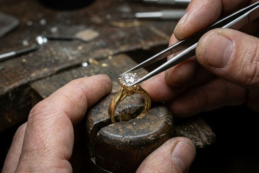 Jeweller adjusting a diamond in a gold ring with tweezers