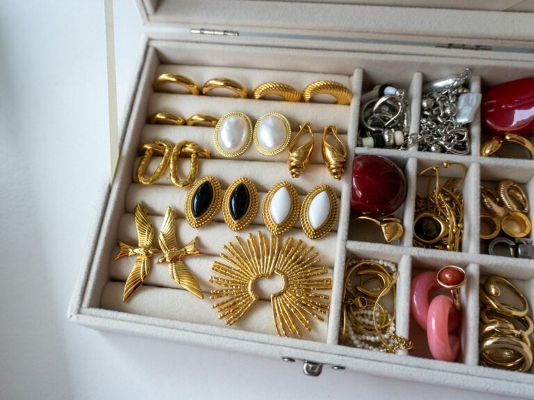 A jewellery box full of gold earrings and rings