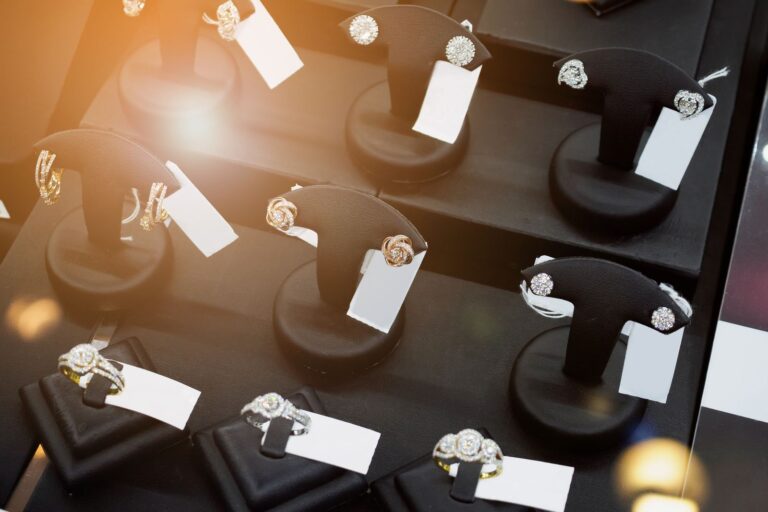 Rings with price tags in a jewellery store showcase