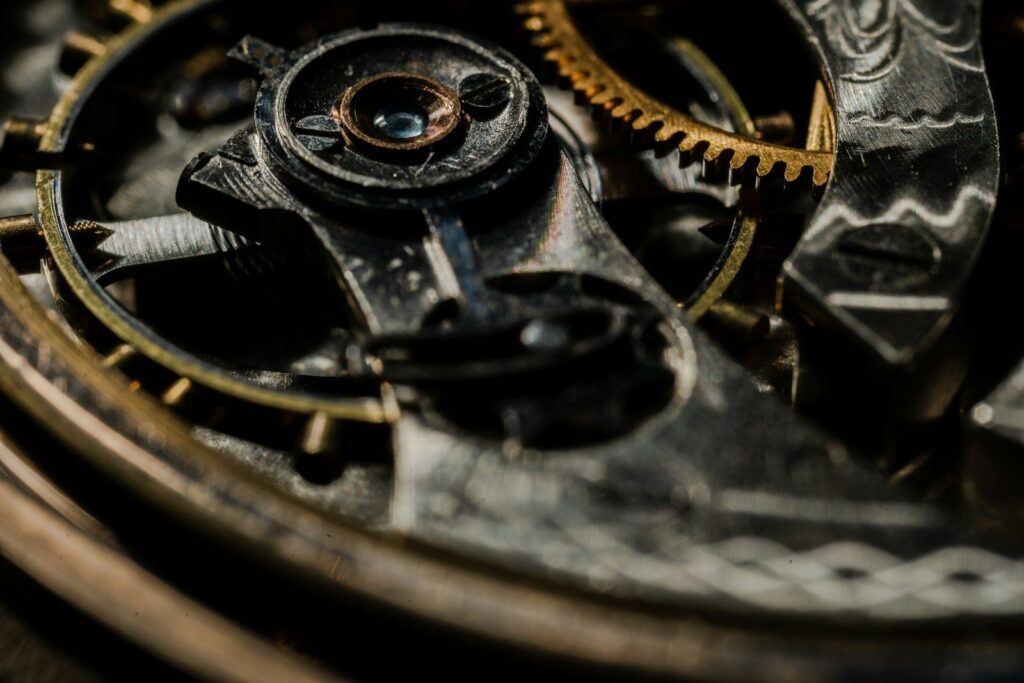 Close-up of a mechanical watch movement