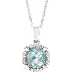 14K White Gold — Natural Aquamarine And .04 Ctw Natural Diamond Necklace