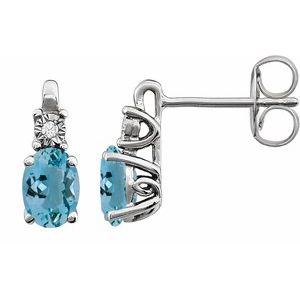 14K White Gold — Natural Aquamarine And .02 Ctw Natural Diamond Earrings With Backs