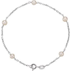 Sterling Silver — Cultured White Freshwater Pearl Station Bracelet