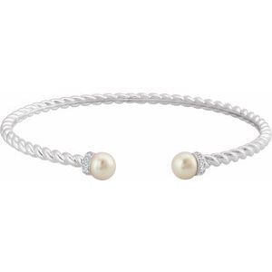 14K White Gold — Cultured White Freshwater Cultured Pearl And 1/10 Ctw Natural Diamond Cuff Bracelet