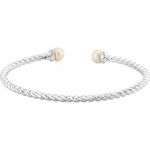 14K White Gold — Cultured White Freshwater Cultured Pearl And 1/10 Ctw Natural Diamond Cuff Bracelet