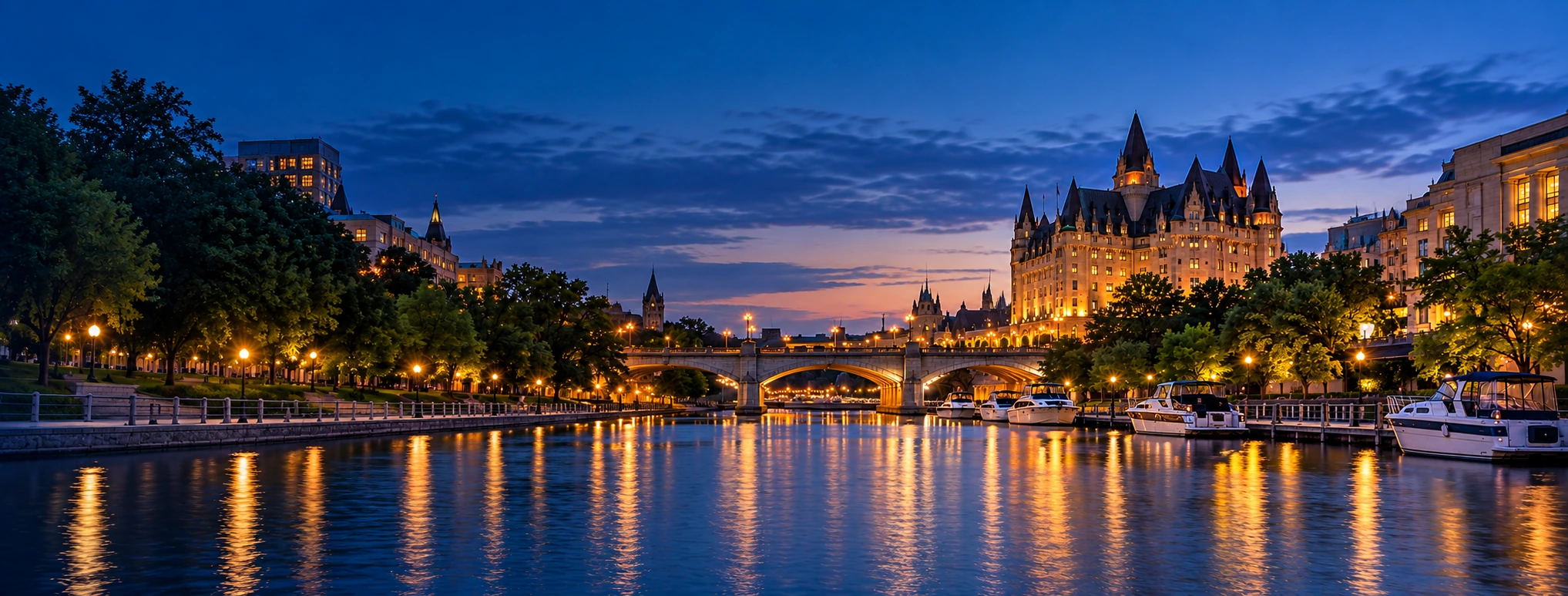 Evening view of the Rideau Canal, stone bridge and illuminated Ottawa skyline