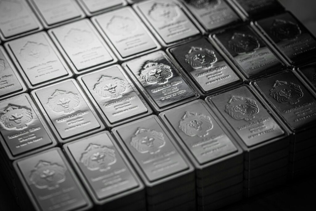 Rows of silver bullion bars